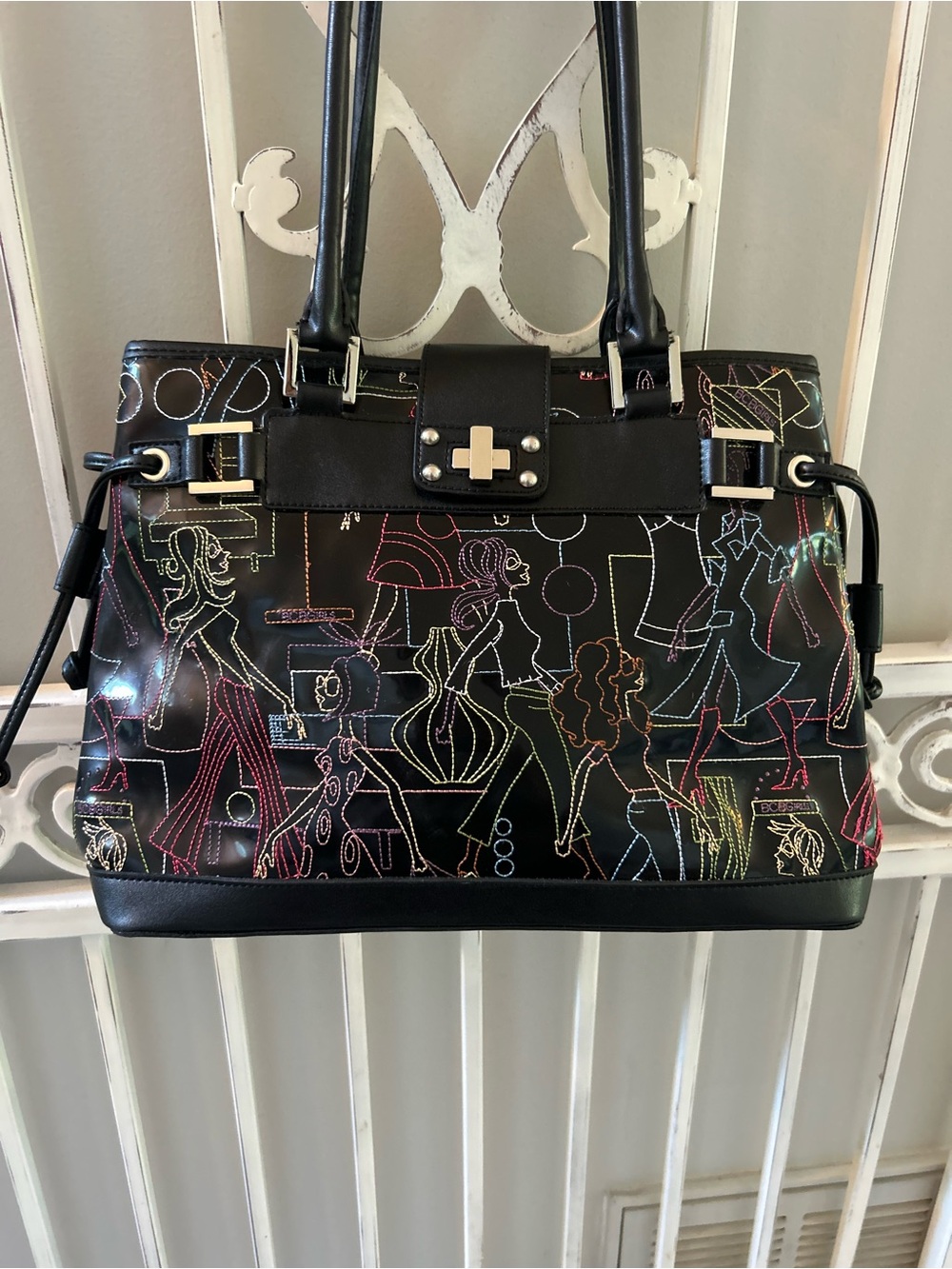 Black Glossy Multicolor Stitch Tote Bag